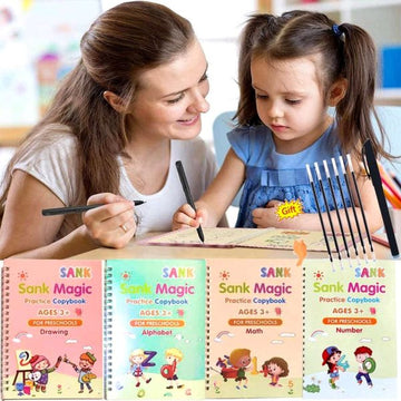 Sank Magic Tracing Books – Set of 4 Peice with magic pen & 10 refills. Fun, reusable handwriting practice for preschool kids